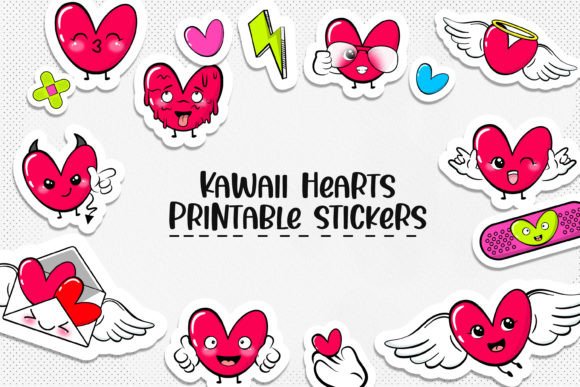 Download Cute Hearts Kawaii Printable Stickers. - Kawaii printable Collection